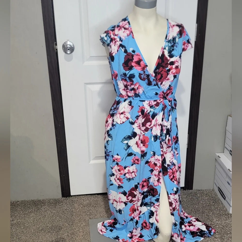 Floral Blue Wrap Dress - Picture 1 of 11